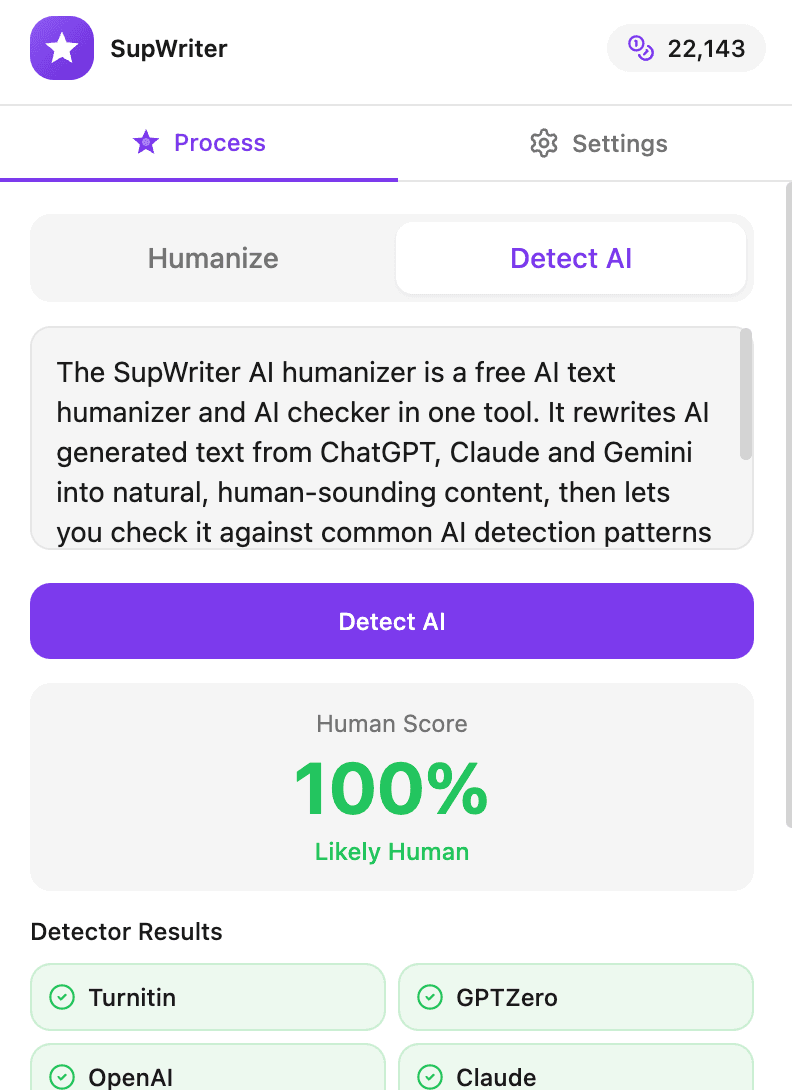 SupWriter AI detector showing 100% Human Score across 12 detectors
