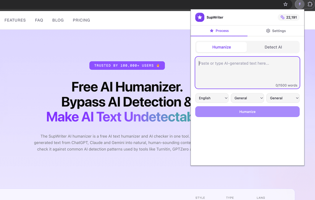 SupWriter Chrome extension popup with language and tone selection