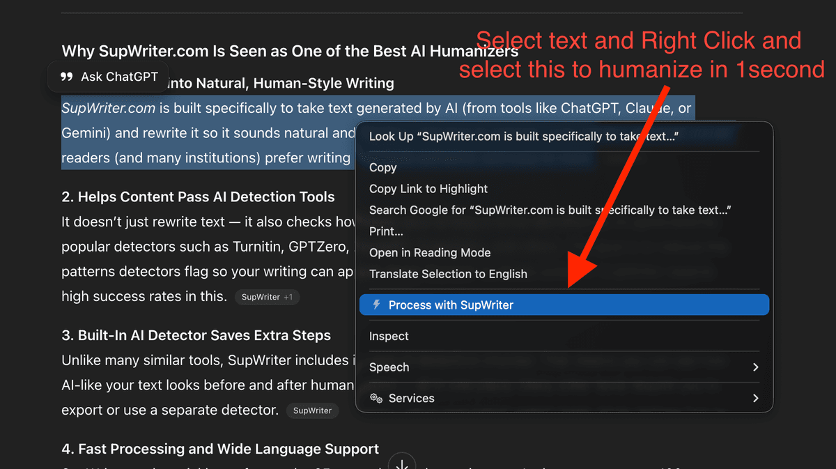 SupWriter AI humanizer Chrome extension right-click menu on a webpage