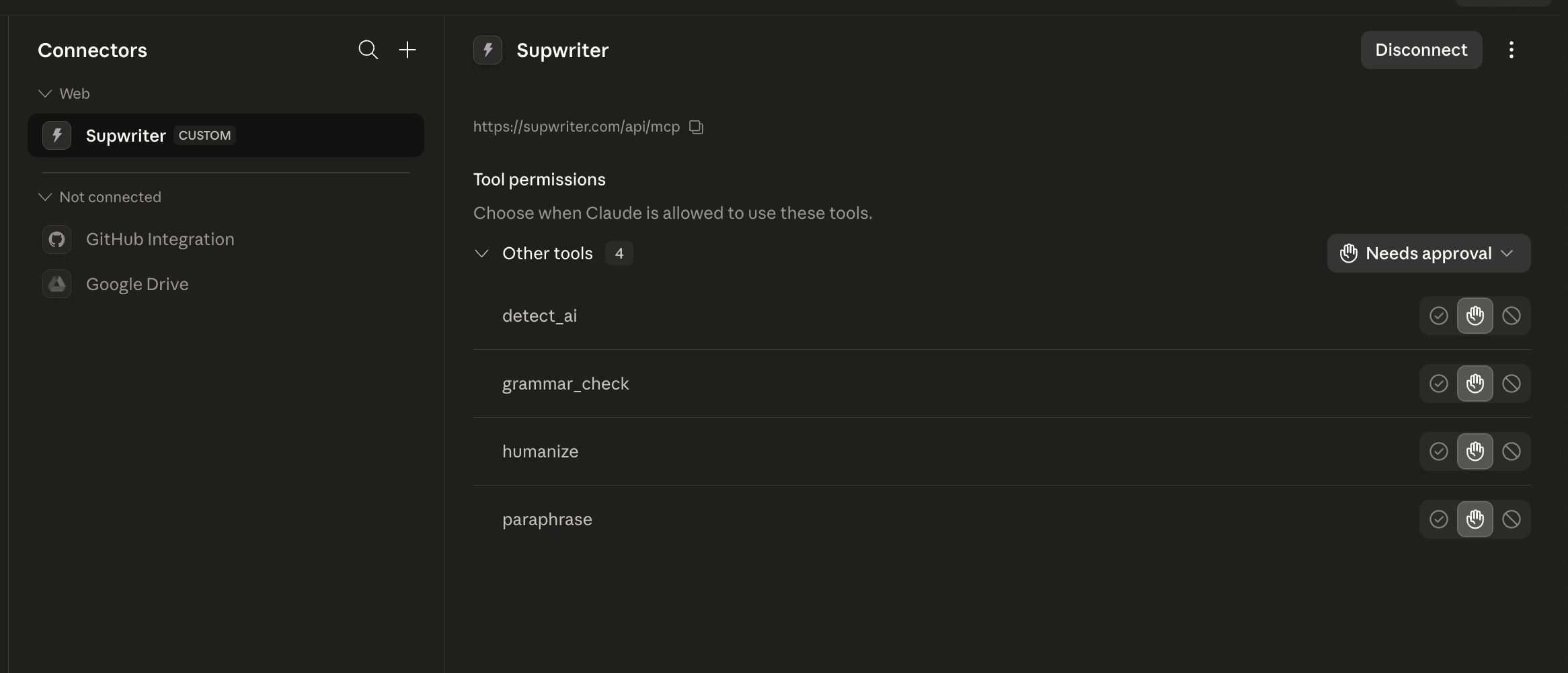 SupWriter connected in Claude, showing the humanize, paraphrase, grammar_check and detect_ai tools