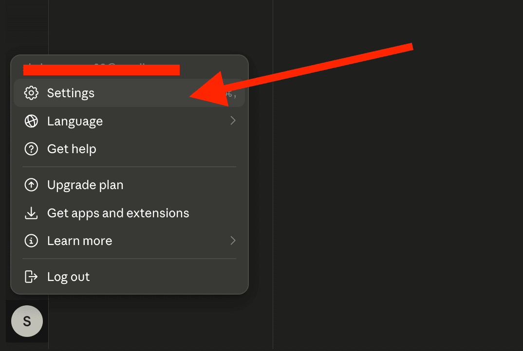 Claude profile menu with Settings highlighted