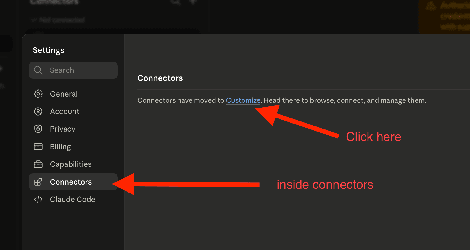 Claude Settings showing the Connectors tab and the Customize link