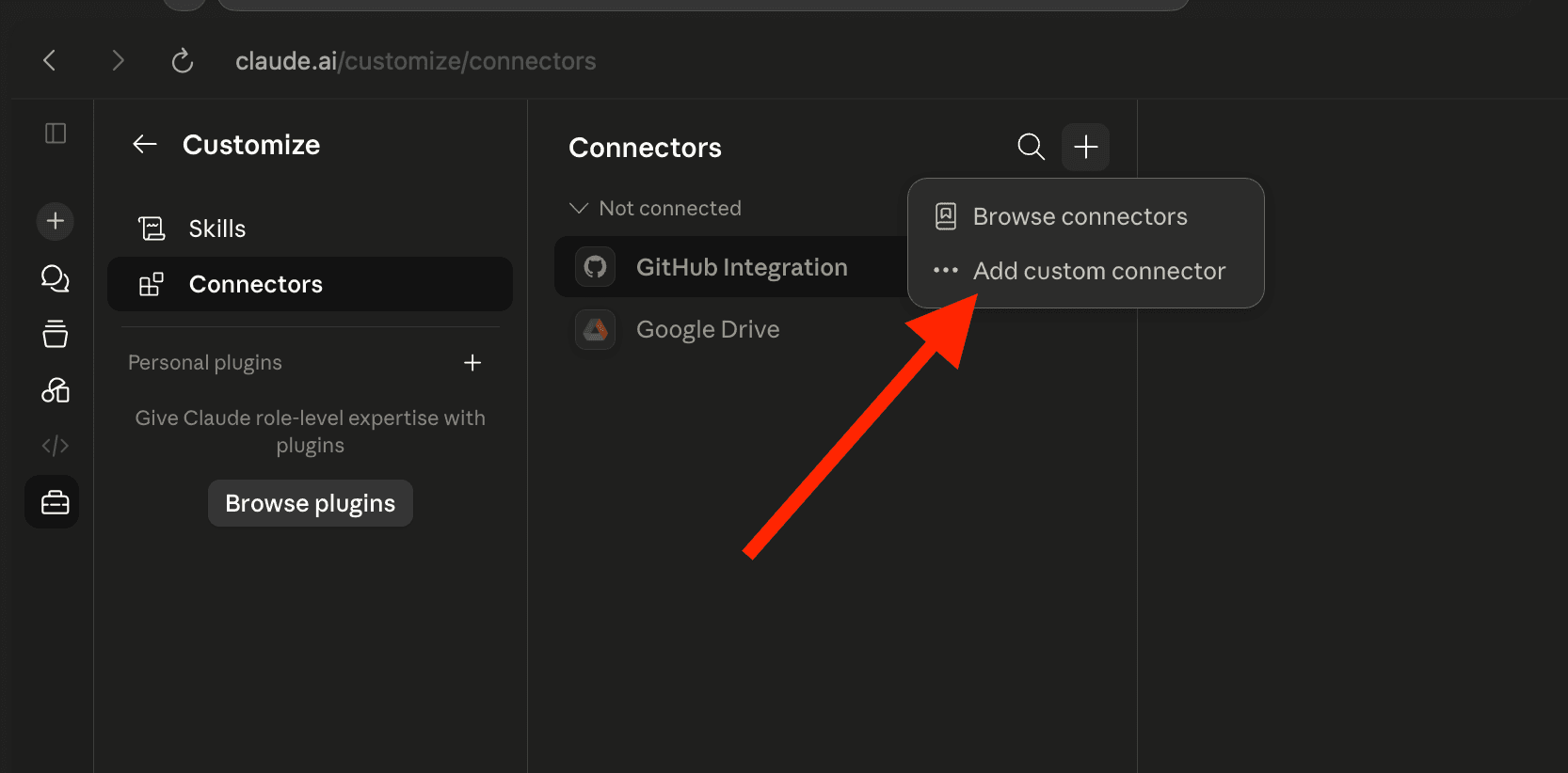 Claude Customize → Connectors with the Add custom connector menu open