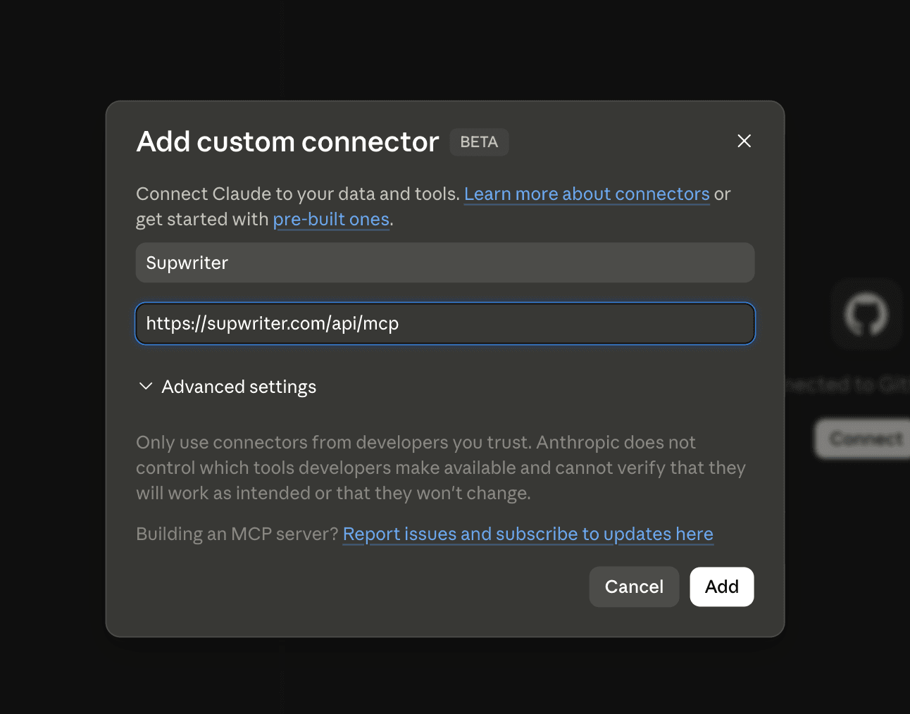 Add custom connector dialog with the SupWriter MCP URL filled in